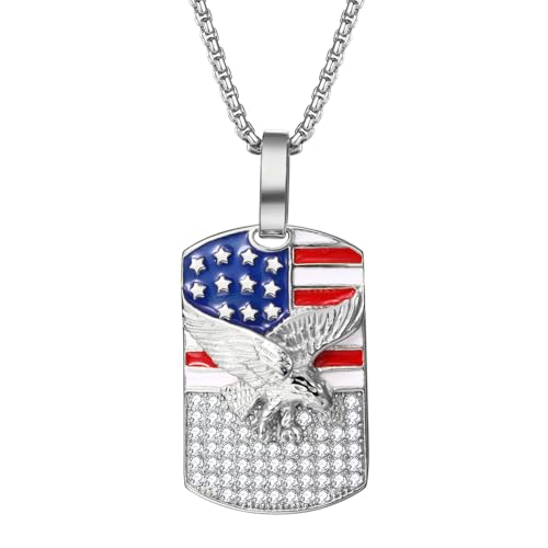 Flongo USA Flag Anhänger Halskette：Edelstahl Silber amerikanische Flagge Adler Kette mit Zirkonia American Flag Halsreif Hip Hop Medaille Schmuck Herren Damen Geschenk USA Unabhängigkeitstag