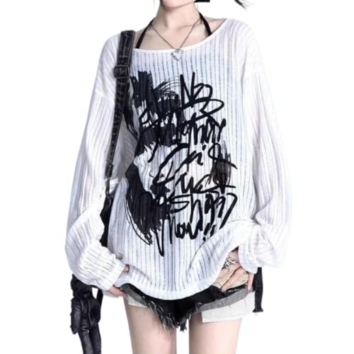 Women Graffiti Print Off Shoulder Long Sleeves Oversized T Shirt