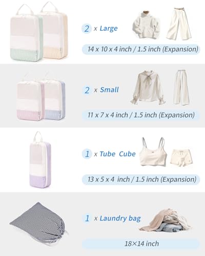 Narwey 6 Set Striped Compression Packing Cubes for Travel Kids Women, Durable Packing Organizers Bag for Carry on Luggage Suitcase Duffle Bags Backpack (Stripe Combined)3