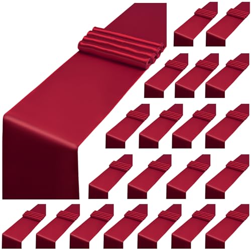 LOKUME 12 Pack Burgundy Table Runner 12x108inch Long Satin Table Runner