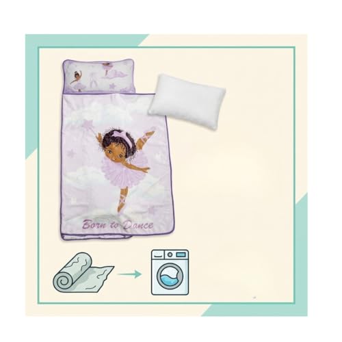 Image of EVERYDAY KIDS Toddler Nap Mat with Removable Pillow - Born to Dance African American Ballerina - Carry Handle with Straps Closure, Rollup Design for Preschool, Daycare, Sleeping Bag - Ages 2-6 Years