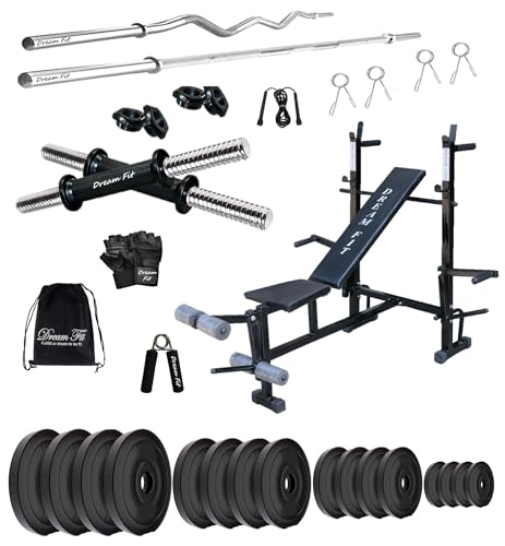 Image of DREAM FIT PVC Home Gym Set - 80 Kg with 8in1 Gym Bench, 3 ft Curling Rod, 5 ft Straight Rod, 1 Pair Dumbbell rods and Gym Accessories (80kg)