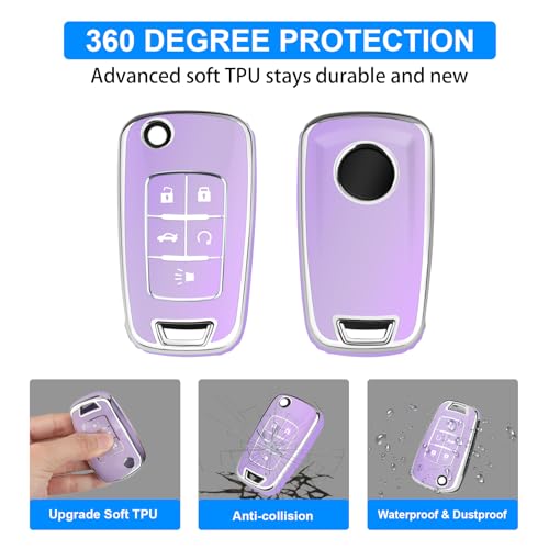 Image of QBUC for Chevy Key Fob Cover with Keychain Fit for Chevrolet Equinox Buick Camaro Cruze Malibu Impala Sonic Full Protection (Silver /Purple)