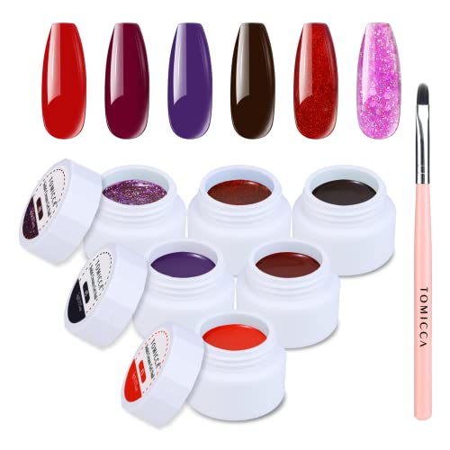 TOMICCA Solid Gel Nail Polish Set, 6 Colors Orange Red Cream Gel Nail Polish Highly Pigmented, Long Lasting Solid Gel Polish Set with Brush for Women and Girls Nail Art Salon DIY at Home (Purple)
