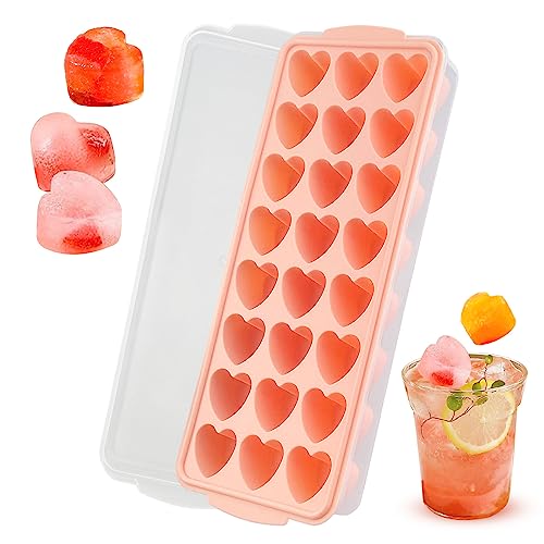 Tuxuzal Silicone Mould Heart Ice Cube Tray, 24 Pink Heart Shaped Ice Cubes with Lid and Storage Box
