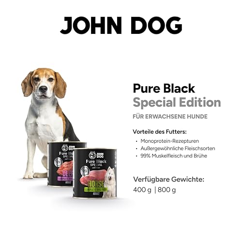 JOHN DOG Hundenassfutter Känguru - Premium Getreidefreies Hundefutter mit 99% Fleisch - Monoprotein Nassfutter für ausgewachsene Hunde - Pure Black Special Edition 800g