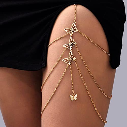 Atentuyi Mehrlagige Schmetterling Beinkette Gold Oberschenkelkette Quaste Oberschenkel Beinkette Elastischer Gurt Bikini Boho Körperkette Strand Schmetterling Anhänger Beinschmuck Für Frauen Mädchen