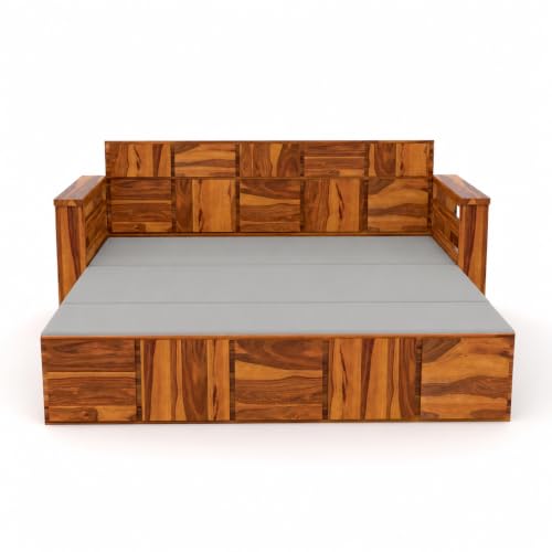 Image of Kunjal Furniture Solid Sheesham Wood Sofa Cum Bed with Storage for Living Room | Natural Finish | 3-Seater Convertible Sofa Bed | Handmade Wooden Furniture (Natural+Grey, Contemporary)