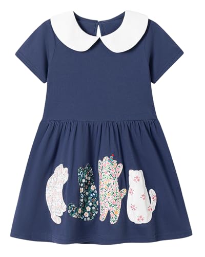 Image of Girls Cotton Long Sleeve Casual Cartoon Appliques Striped Jersey Dresses