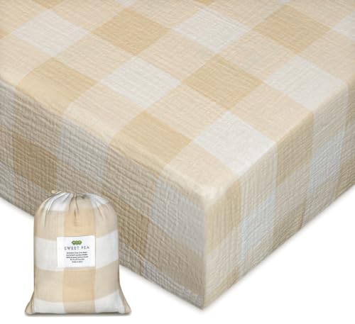Image of Organic Crib Sheets for Boys, Girls - Muslin Fitted Crib Sheet, Neutral Crib Sheet, Cotton Crib Sheets for Standard Crib Mattress & Toddler Bed Mattress (51"x27") (Gingham Beige)