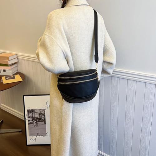 Spacious Bum Bags with Wide Strap PU Leather Shoulder Bag for Women (Black)3