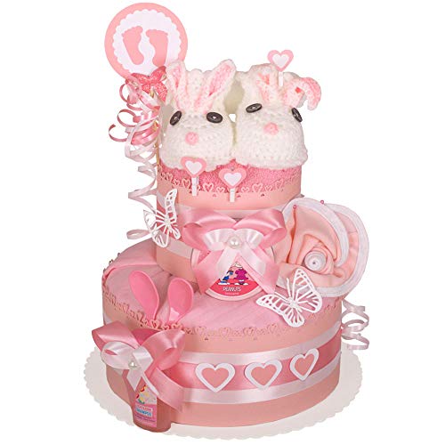 MomsStory - Windeltorte Mädchen | Haase | Baby-Geschenk zur Geburt Taufe Babyshower | 2 Stöckig (Rosa) mit Baby-Schuhchen Lätzchen Schnuller & mehr - Image 7