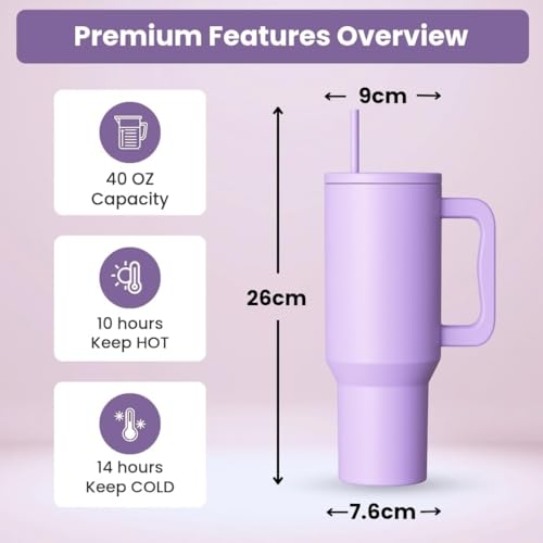 Image of Zephorus Personalized Stainless Steel Tumbler with Handle, 1200ml Capacity, Black Insulated Travel Mug with Straw, Custom Name Design (40 - Oz - Purple)