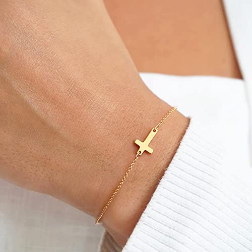 Pancert Cross Bracelet For Women Dainty 14K Gold Cute Tiny Sideways Simple Classic Chain Minimalist Handmade Adjustable Jewelry Gift Teen Girls #TOP1