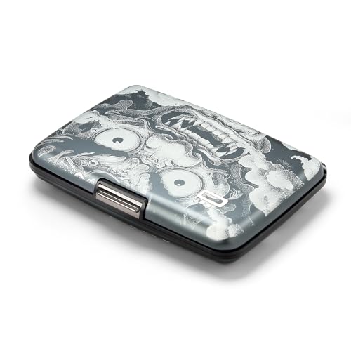 Image of OGON -DESIGNS- Aluminum card holder, RFID protection against fraud and demagnetization, compact wallet, Smart Case STOCKHOLM model (Engraving Demon Tattoo, Extra-secure lock)