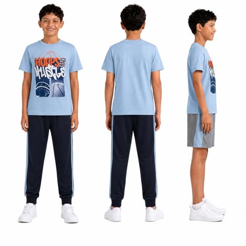 Image of Pro Athlete Boys Pants Set - 3 Piece Active Short Sleeve Graphic Tees Athletic Shorts and Jogger Sweatpants for Boys