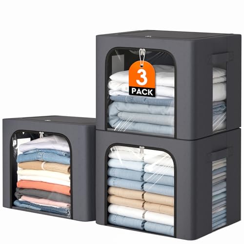 Image of 3 Pack Clothes Storage Bins with Metal Frame,40L Storage Bags Fabric Box Organizer with Clear Window,Zippers,Sturdy Handles(3 Pcs,Light Grey,40L)