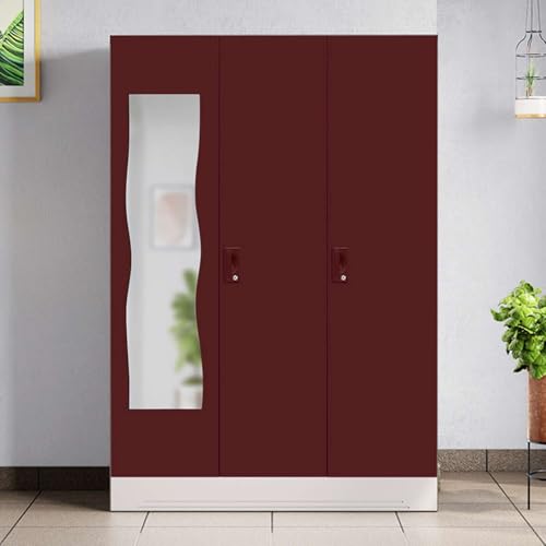 Image of Interio by Godrej Almirah Slimline 3-Door Steel Almirah, Cupboard for Clothes (Russet), 1-Year Warranty, 7 Shelves, 1 Locker, Curvilinear Mirror