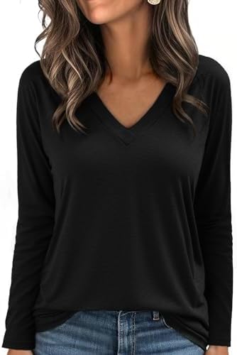 Aottori Langarmshirt Damen V-Ausschnitt Oversize Pullover Langarm Shirt | Longsleeve, Oberteile Elegant, Stretch Basic Tops, Dünn Longshirt, Locker Passform, Einfarbig Tshirt , Frü