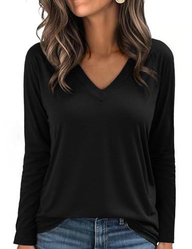 Aottori Shirt Langarm Damen V-Ausschnitt Elegant Stretch Oberteile Lose Pullover T-Shirt Einfarbig Basic Top Frühling Herbst Schwarz L