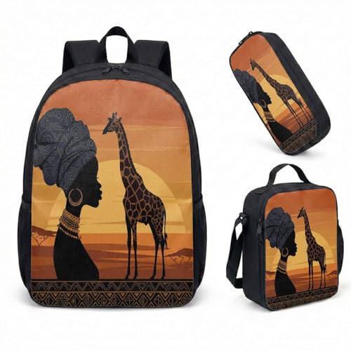 Mochila feminina africana com estampa tribal de 43 cm, conjunto de 3 peças, silhueta étnica, mochila de viagem, arte de patrimônio cultural, 03, Large, Mochila estampada