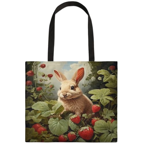 Mularoka Cute Rabbit Strawberry Square Canvas Tote Bag Top Handle Purses Stylish Women Canvas Shoulder Tote Bags Reusable Handbags for Work Travel Picnic Beach Shopping Gym Hiking