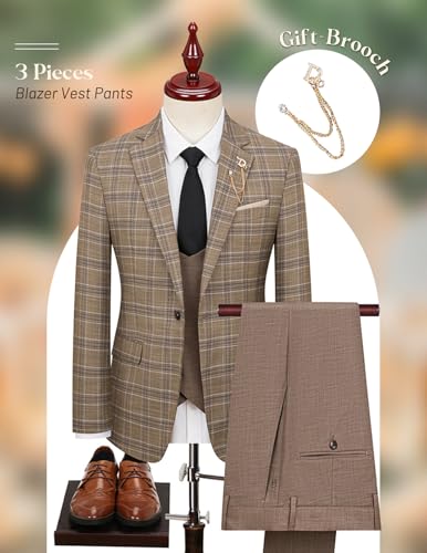 Mens 3 Pieces Plaid Suit Slim Fit Tuxedo Blazer Vest Pants for Wedding Prom Homecoming with Brooch Pin2