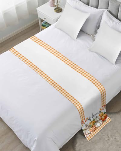 Queen Bed Runner Thanksgiving Pumpkin Maple Leaf Bedding Runner Scarves Decorative Bed Scarf, Orange Buffalo Plaid Soft Bed Runners for Bedroom Hotel Wedding 94x20in