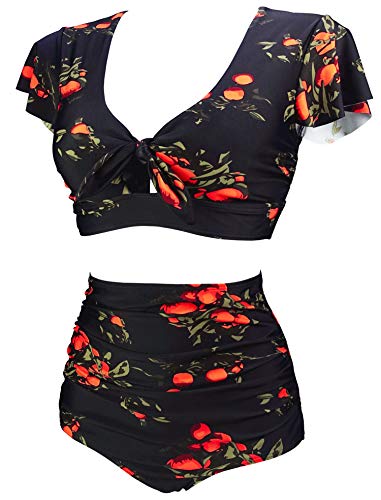 Cocoship Black & Orange Tangerine Fruit High Waisted Ruching Bikini Set Tie Front Short Sleeve Top Ruffle Straps Swimsuits 14 #TOP1