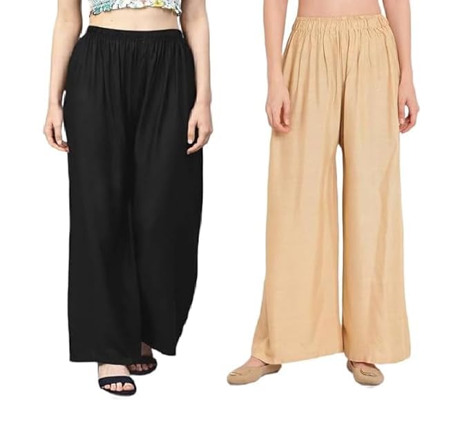 Image of Women's Solid Viscose Rayon Palazzo Pants | Wide Leg Loose Fit Trousers | Office, Casual Ethnic Bottom Wear | Combo Pack of 2