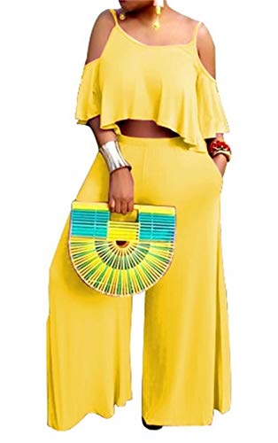 Women Two Piece Outfits Spaghetti Straps Cold Shoulder Ruffle Crop Tops High Waist Wide Leg Long Pants Set Pockets