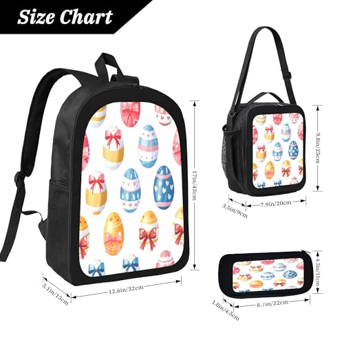 3PCS Backpack for Women Men With Lunch Box Pencil Bag 17 Inch Lightweight Adjustable Strap Back Pack 3 In 1 Set Easter Egg Festival Casual Daypack Unisex Fit Travel Work Camping3