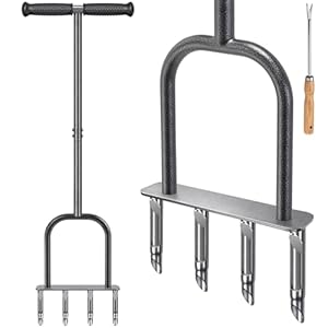 Dolibest Manual Aerator Lawn Tool, Manual Yard Plug Aerators with 4 Stainless Steel Semi-Open Plugs, Pre-Assembled Manual Grass Aerating Tool & Clean Hand Tool, Improving Lawn Health -37Inch