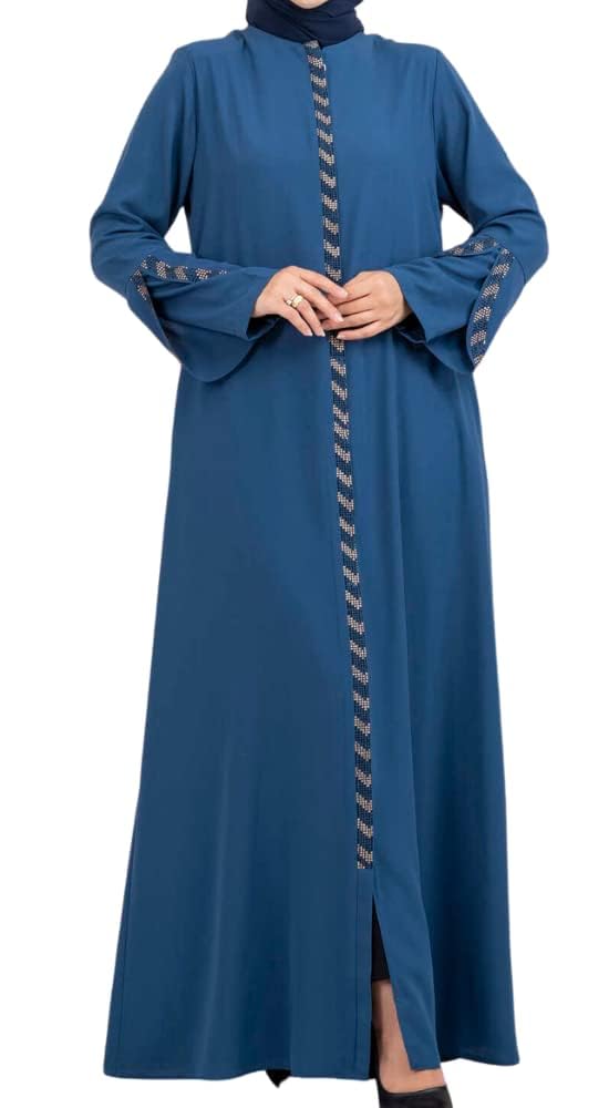 istanbul styles Women's Abaya Long Sleeve Open Quarry Floor Length Zipper, Denim Blue, UK XL, Regular Fit