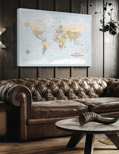 Image of IPIC - Canvas World Maps for Wall Decor, Push Pin Board Decor to Mark Travels, Oversize World Travel Map Print for Home, Office, Study, and RV, Ready to Hang