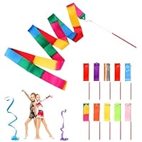 10pcs Multicolor Dance Ribbon, 2m Gymnastics Ribbon Wands, Dancing Twirling Ribbon, Circus Carnival Ribbon with Sticks Wands for Artistic Dancing Gymnastics Birthday Party Decoration