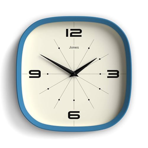 JONES CLOCKS® Pulsar Reloj de Pared | Reloj Retro Cuadrado Redondeado | 25cm | Azul | Aspecto de diseñador Fresco para Cocina, Sala de Estar u Oficina