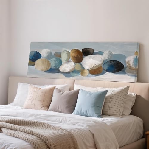 Grande toile panoramique de galets style Japandi avec cadre intérieur en bois