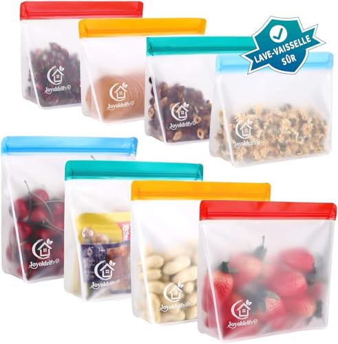 Joyoldelf Lot de 8 Sac Congelation Zip - Sac Congelation Alimentaire Reutilisable et Stand Up, Sacs de CongéLation en Silicone Sans BPA, Sacs de Rangement PEVA Pour Sandwich, LéGumes, Viandes