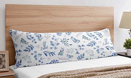 Image of Sweet Jojo Designs Floral Leaf Body Pillow Case Cover (Pillow Not Included) - Blue Grey and White Boho Watercolor Botanical Flower Woodland Tropical Garden