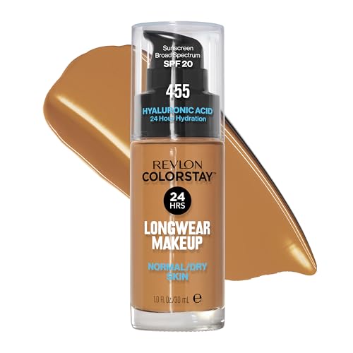 Revlon Liquid Foundation, ColorStay Face Makeup for Normal & Dry Skin, SPF 20, Longwear Medium-Full Coverage with Natural Finish, Oil Free, 455 Honey Beige, 1 Fl Oz
