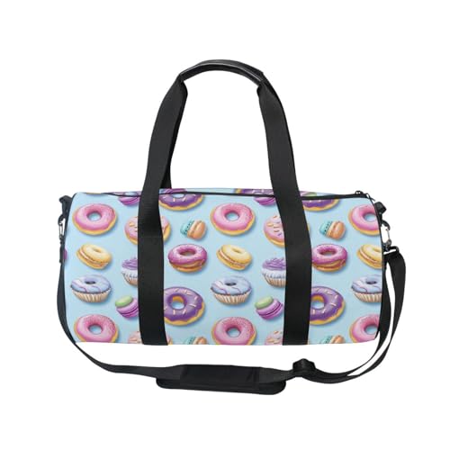 Donut Macarons Sports Duffel Bag Multi-Pocket Barrel Gym Bag with Adjustable Strap Full Print Polyester Fabric and Microfiber Leather Trim for Workout Travel and Sports2