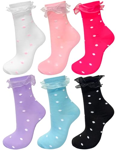 6 Pairs Women Big Ruffle Dot Socks Turn Cuff, Double Lace Ankle Frilly Socks for Women Ladies - Main Image