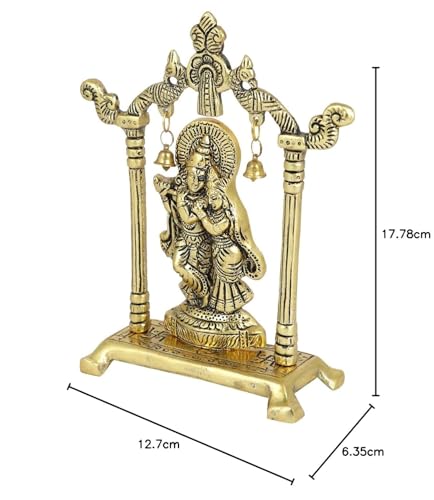Image of Metal Lord Krishna Swing Statue with Antique Gold Finish & Bells - Spiritual Krishna Idol for Home Decor, Mandir Decoration, 6-Inch Brass Religious Sculpture