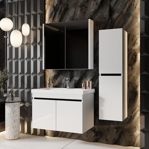 KAREN banyo Badmöbel Weiß | Badmöbelset mit Waschbecken | Waschtisch mit Unterschrank | Keramikwaschbecken | Spiegelschrank | Unterschrank | Badkombination 3 er Set (Venus 80)
