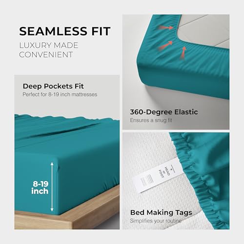Image of THREAD SPREAD 100% Egyptian Cotton King Size Sheets Set - Luxury 1200 Series Plush Collection Egyptian Cotton Sheets King Size (4 PC, Teal), Silky Soft, Cooling, 17 inch Deep Pocket Bed Set