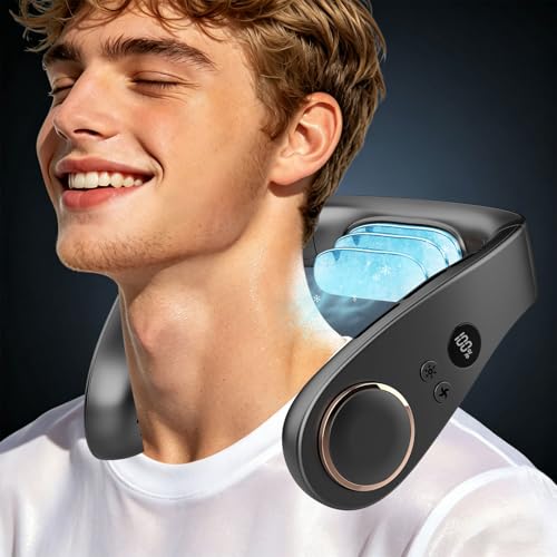 Kouric Nackenventilator mit Kühlung Halsventilatoren Extra Leise (35dB) 24 Std. USB-C 5500mAh 5 Stufen & LED-Display Rotorloser Ventilator zum Umhängen-für Frauen/Männer/Kinder/Draußen/Drinnen