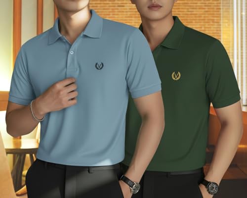 Image of MACK JONNEY Men's Solid Polo T-Shirt | Premium Cotton Blend | Regular Fit | Short Sleeve | Collared Casual Wear|Pack of 2 -MJ-157
