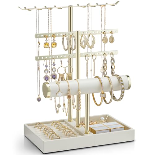 VLANDO Schmuck Organizer 4 Etagen Schmuckständer Gold mit Lederner Armbandhalter - Schmuckaufbewahrung Display für Halsketten, Uhren, Ringe, Ohrring