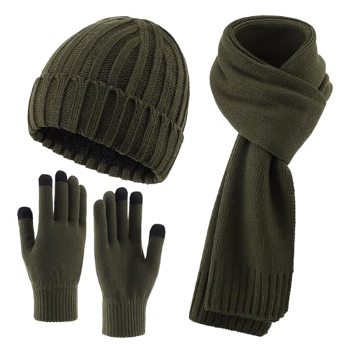 Decentron 3 PCS Winter Hat Scarf Gloves Set Long Scarf Touchscreen Gloves Fleece Lined Cold Weather Hat for Men Army Green